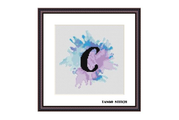 Letter C Blue Watercolor Cross Stitch